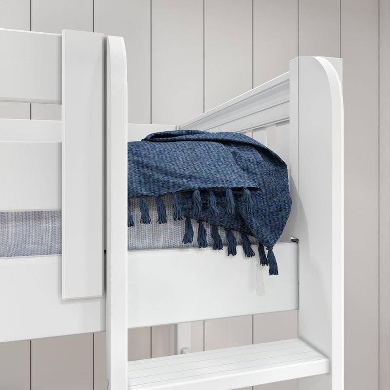 White wooden bunk bed with navy blue fringed throw and gray shiplap wall in modern farmhouse kids' bedroom