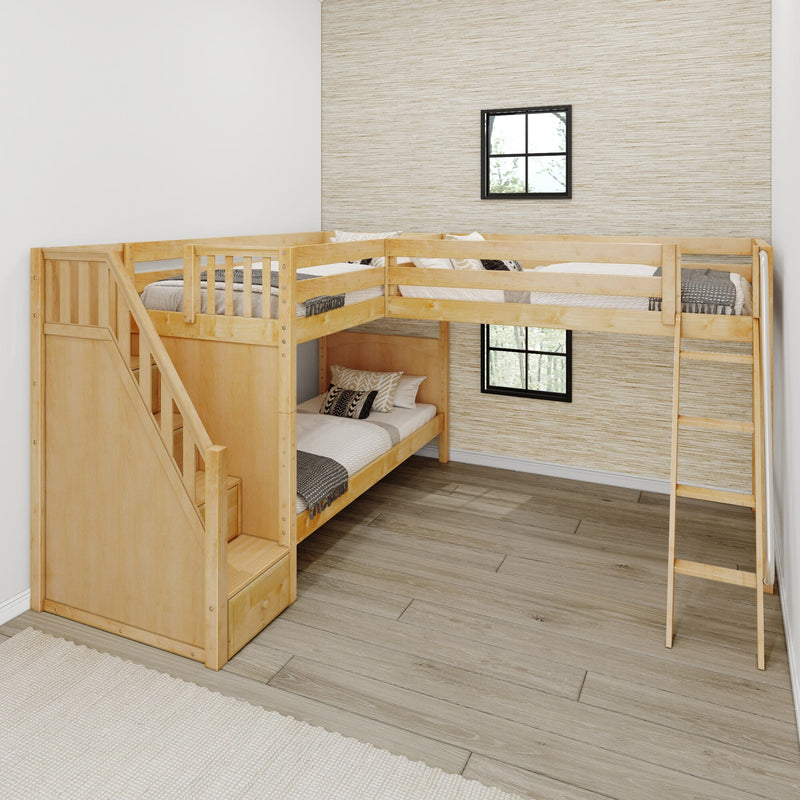 Natural wood twin-over-twin bunk bed with built-in stairs and ladder in a bright modern kids' bedroom featuring textured beige wallpaper, neutral bedding and light wood flooring