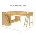 Solid wood triple loft bunk bed - Twin XL over Twin XL + Twin configuration, natural finish, staircase with storage drawers and angled ladder, dimensions 124″ x 104.75″ x 66.25″