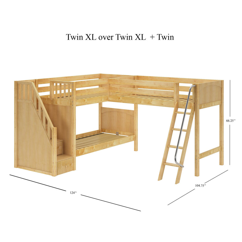 Solid wood triple loft bunk bed - Twin XL over Twin XL + Twin configuration, natural finish, staircase with storage drawers and angled ladder, dimensions 124″ x 104.75″ x 66.25″