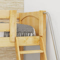 Close-up of a natural light wood bunk bed ladder and safety rail with a gray textured blanket in a modern bedroom