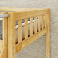 Close-up of light maple solid wood bunk bed frame with slatted guardrail and mattress against textured wallpaper