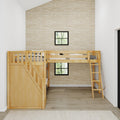 Natural wood bunk bed in modern neutral kids bedroom with textured beige grasscloth wallpaper and black-framed windows