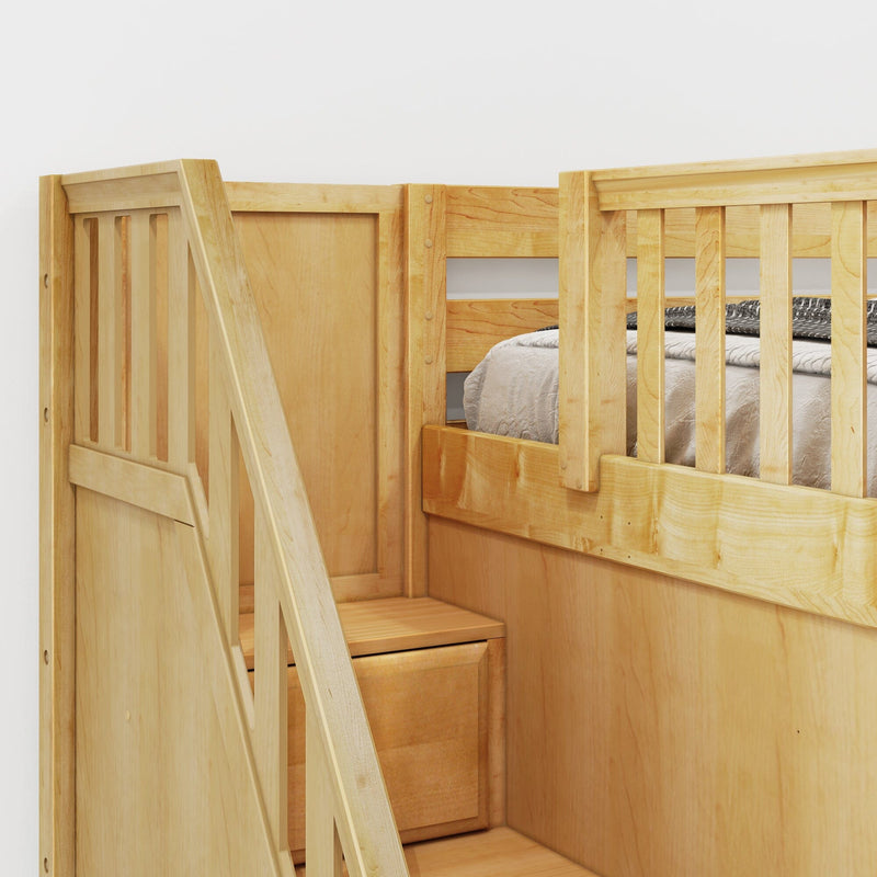 Solid maple bunk bed with built-in stairs, slatted guardrail and neutral bedding in natural wood finish
