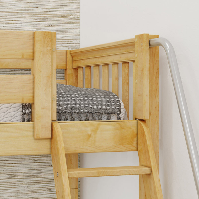 Natural maple wooden bunk bed ladder with metal safety rail and grey woven blanket on upper mattress in modern bedroom