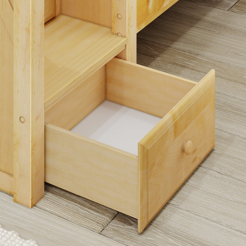 Open light wood bedroom dresser drawer with wooden knob, visible joinery and natural wood grain interior on hardwood plank floor