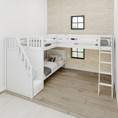 White wooden L-shaped bunk bed with staircase in modern kids bedroom, natural woven grasscloth accent wall, hardwood floors and black-framed windows