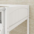 Close-up of white wooden bunk bed side rail with decorative arched panel and visible screws against beige textured wall