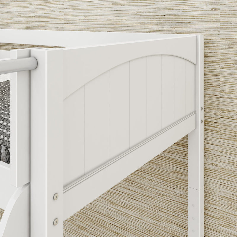 Close-up of white wooden bunk bed side rail with decorative arched panel and visible screws against beige textured wall
