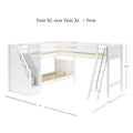 Twin XL over Twin XL + Twin L-shaped loft bunk bed, white finish, staircase with built-in drawers, metal ladder, slatted mattress supports, dimensions 124" x 104.75" x 66.25", space-saving kids bedroom furniture
