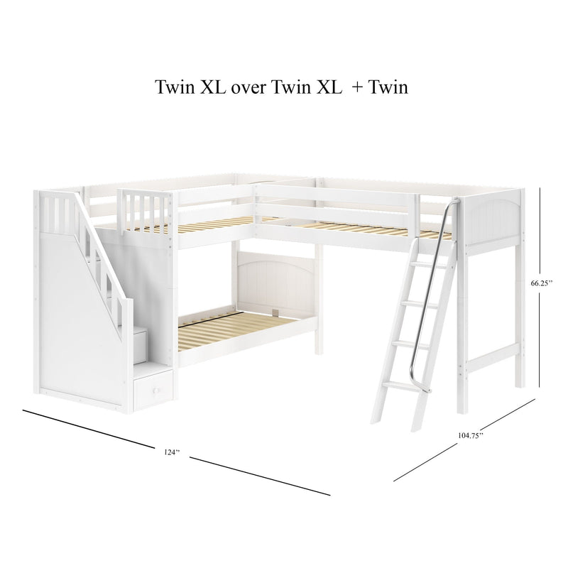 Twin XL over Twin XL + Twin L-shaped loft bunk bed, white finish, staircase with built-in drawers, metal ladder, slatted mattress supports, dimensions 124" x 104.75" x 66.25", space-saving kids bedroom furniture