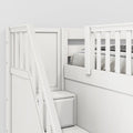 White wooden loft bunk bed with safety rails, built-in staircase and under-stair storage drawer in a modern children's bedroom
