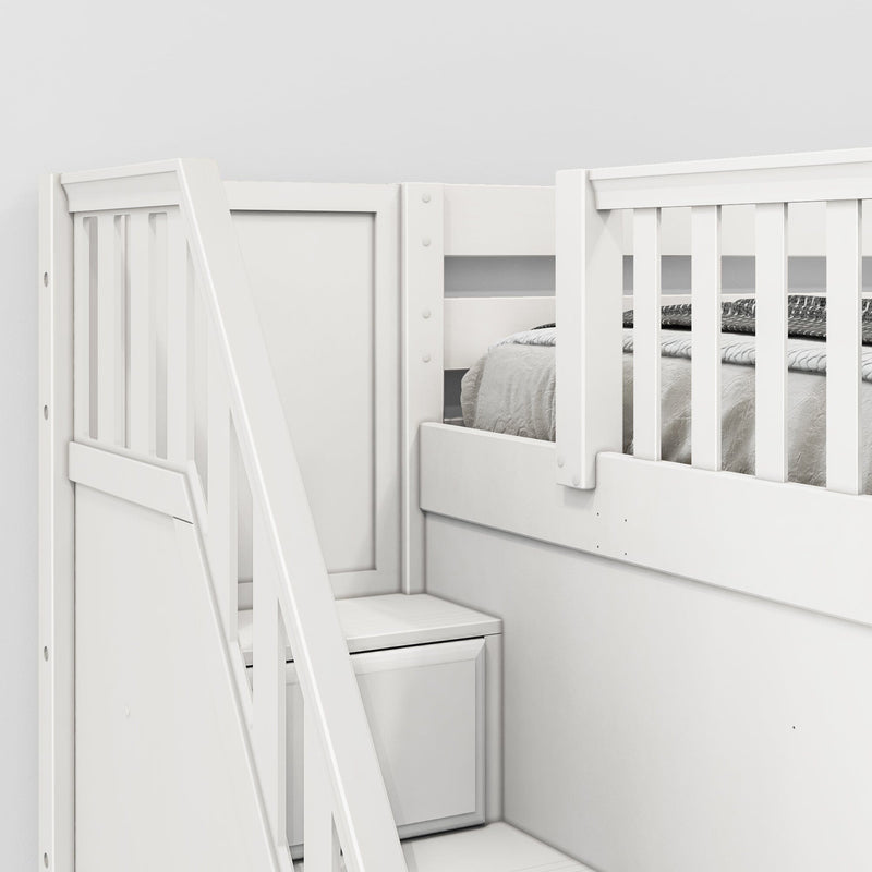 White wooden loft bunk bed with safety rails, built-in staircase and under-stair storage drawer in a modern children's bedroom