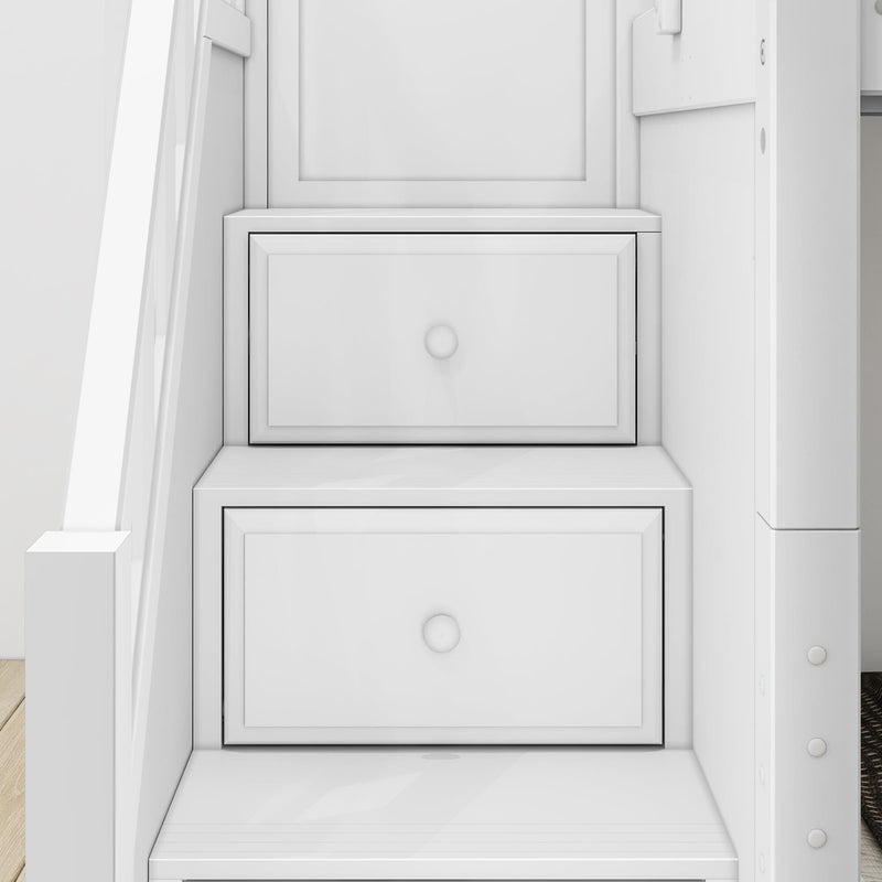 White paneled built-in under-stair storage drawers with knob pulls — custom space-saving staircase cabinet for hallway or mudroom
