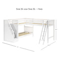 White wooden loft bunk bed (Twin XL over Twin XL + Twin) with ladder, staircase storage drawers, safety rails and slatted mattress platforms — 124" x 104.75" x 66.25" space-saving kids' bedroom solution