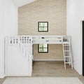Modern minimalist kids' bedroom with white wooden bunk beds and ladder, natural grasscloth accent wall, black-framed windows and hardwood floors