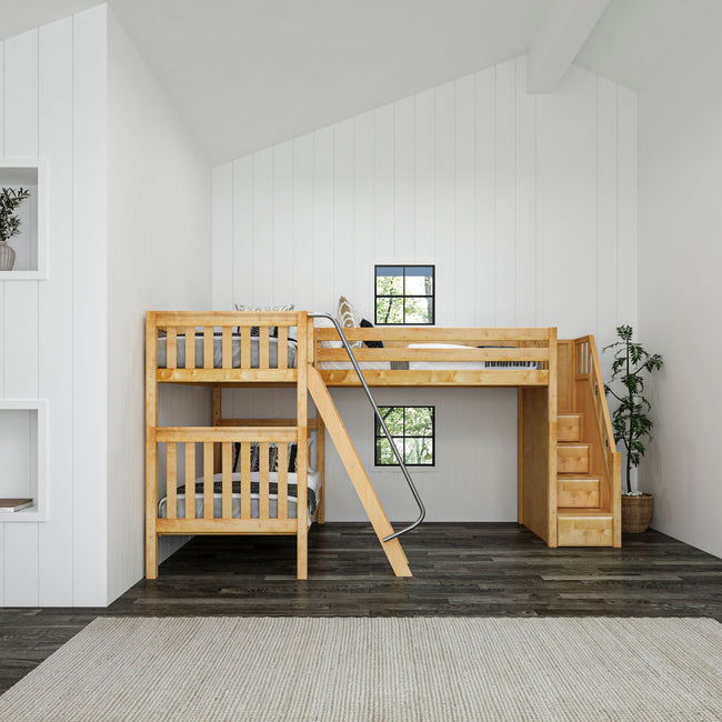 TROIKA NS : Multiple Bunk Beds Twin High Corner Loft Bunk Bed with Ladder + Stairs - R, Slat, Natural