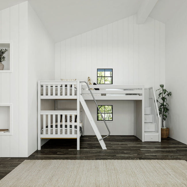 TROIKA WS : Multiple Bunk Beds Twin High Corner Loft Bunk Bed with Ladder + Stairs - R, Slat, White