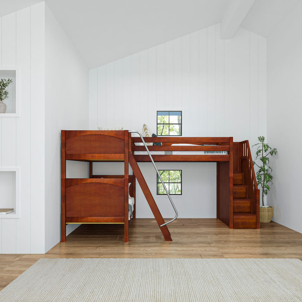 Elegant wooden loft bed with ladder and stairs in spacious modern bedroom.