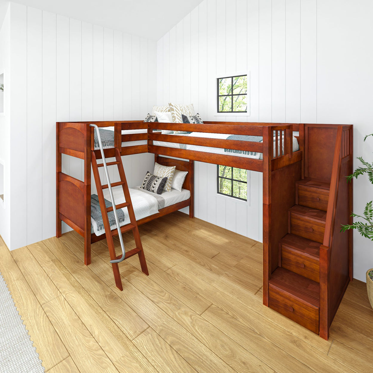 Loft bed with staircase in a cozy modern bedroom featuring wood finish and white walls.