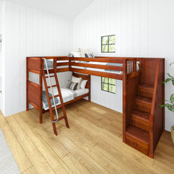 Loft bed with staircase in a cozy modern bedroom featuring wood finish and white walls.