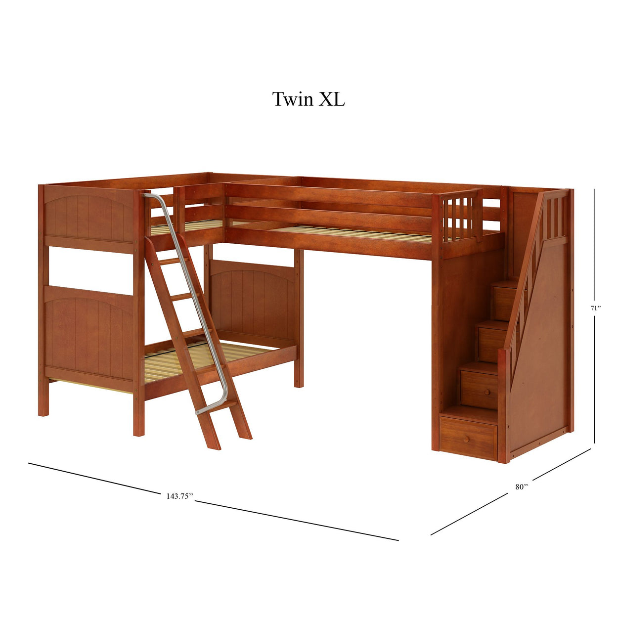 Twin XL wooden loft bed with ladder and built-in stairs, dimensions 143.75"L x 80"W x 71"H.