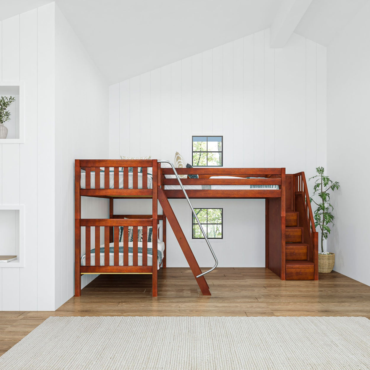 Lofted wooden bunk bed with ladder and staircase in modern white bedroom.