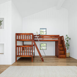 Lofted wooden bunk bed with ladder and staircase in modern white bedroom.