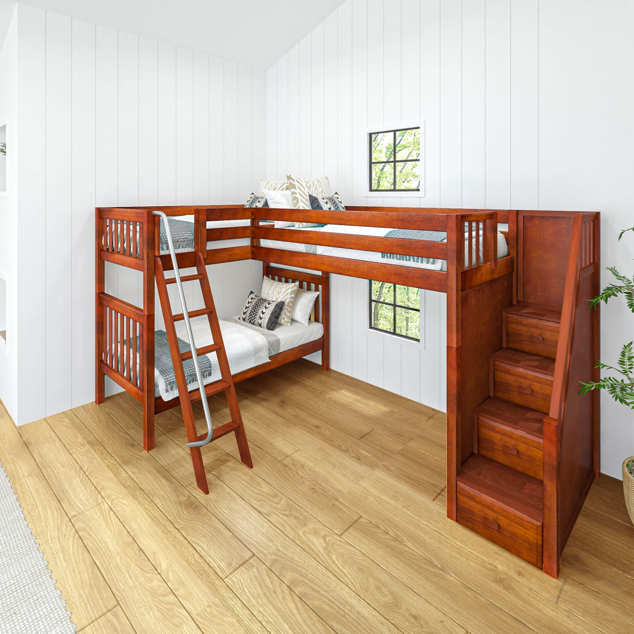 Stylish wooden bunk bed with built-in stairs in a modern bedroom with white walls and hardwood floors.