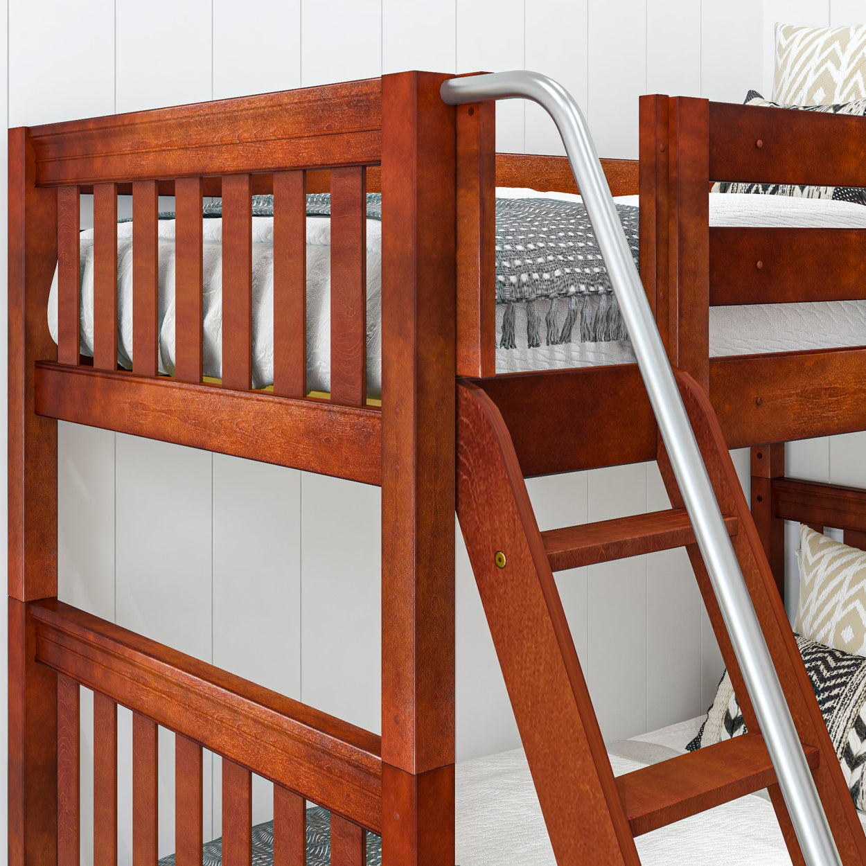 Wooden bunk bed with ladder in cozy bedroom setting.