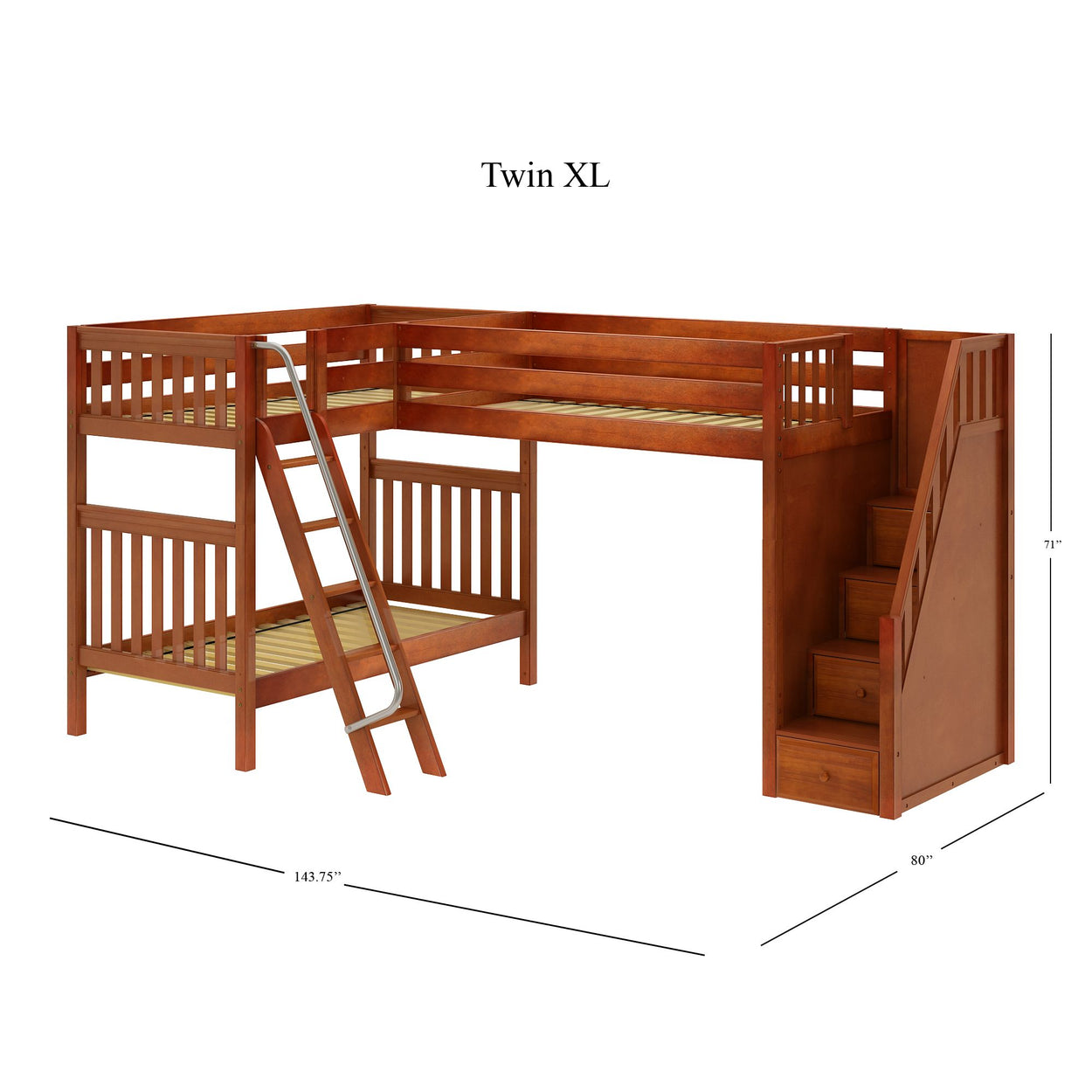 Twin XL wooden loft bed with stairs and ladder, space-saving design for kids' bedroom furniture.