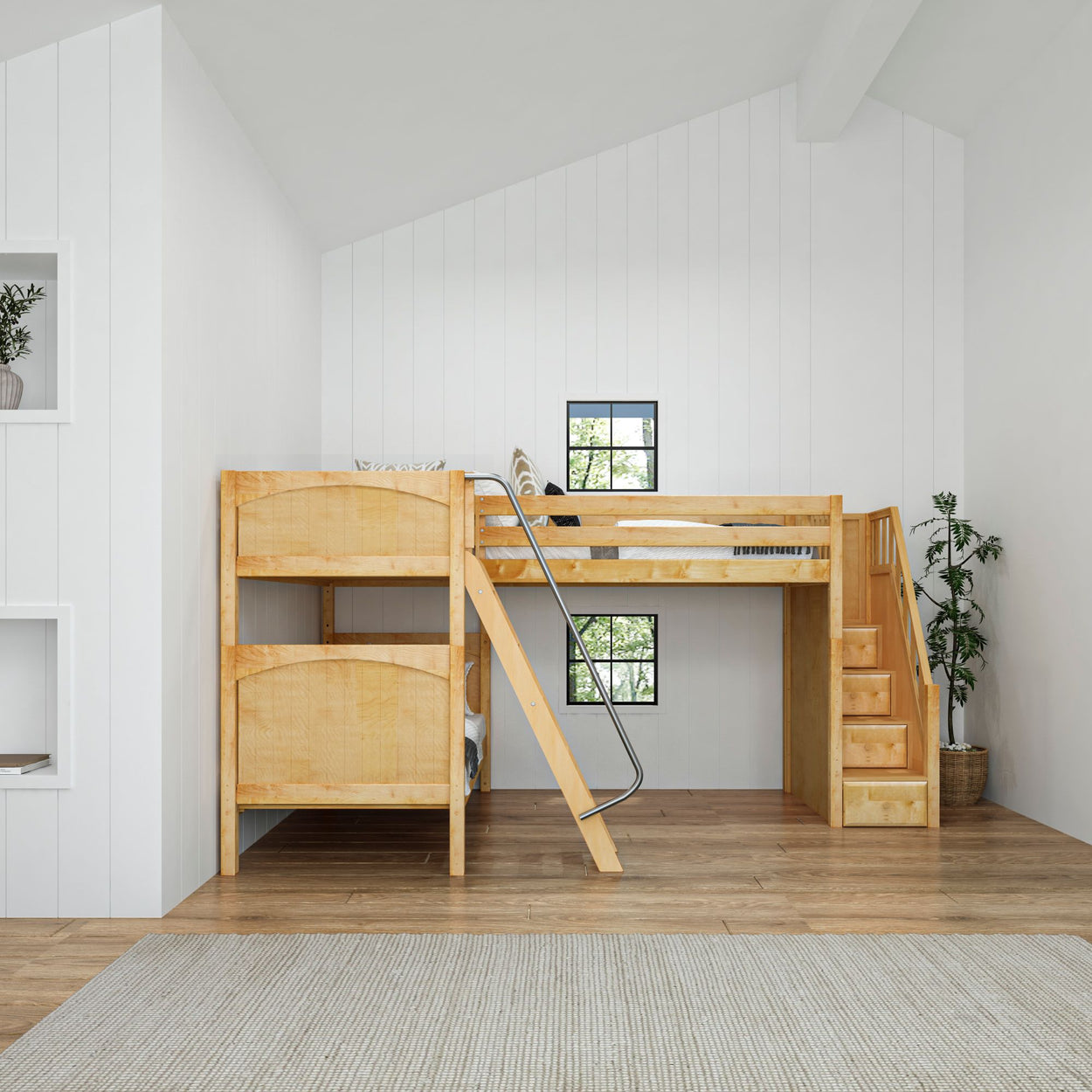Wooden loft bed with stairs in modern bedroom interior design.