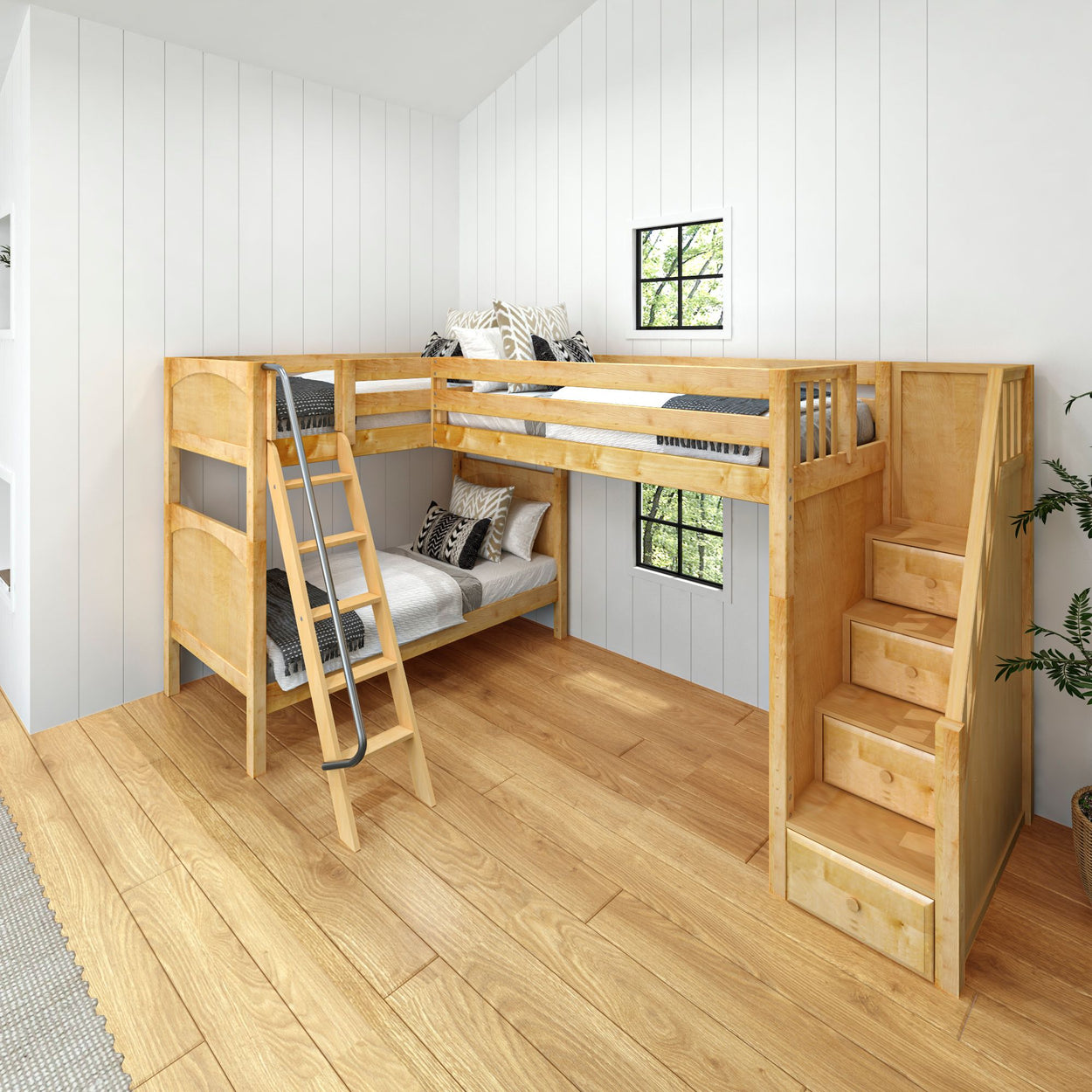 Modern wooden loft bunk bed with ladder and stairs in a bright, spacious room.