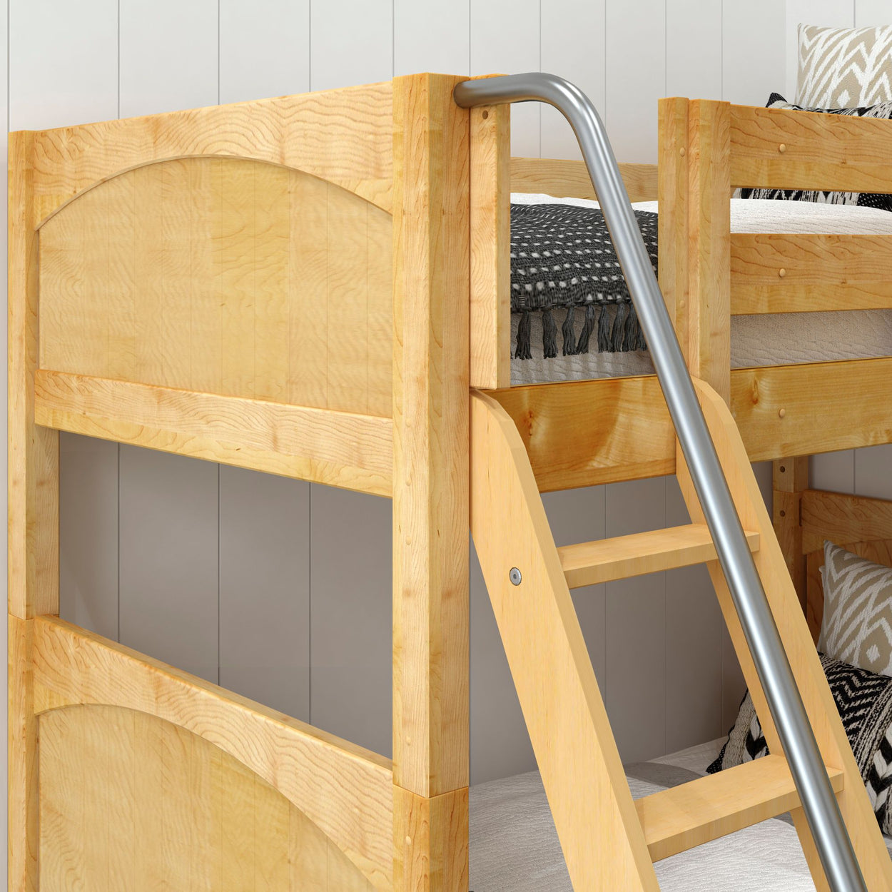 Wooden bunk bed with a sturdy metal ladder in a cozy bedroom setting.