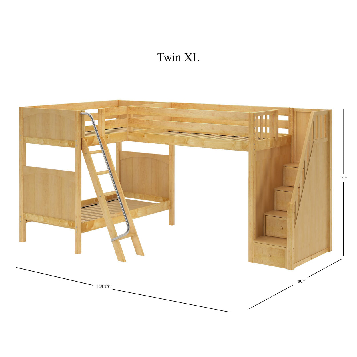 Twin XL wood loft bed with stairs and ladder, ideal for maximizing bedroom space and storage.