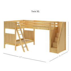 Twin XL wood loft bed with stairs and ladder, ideal for maximizing bedroom space and storage.