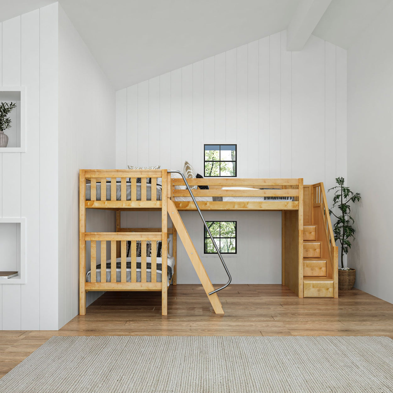 Wooden loft bunk bed with stairs in a modern kids' bedroom, featuring natural wood finish and white walls.
