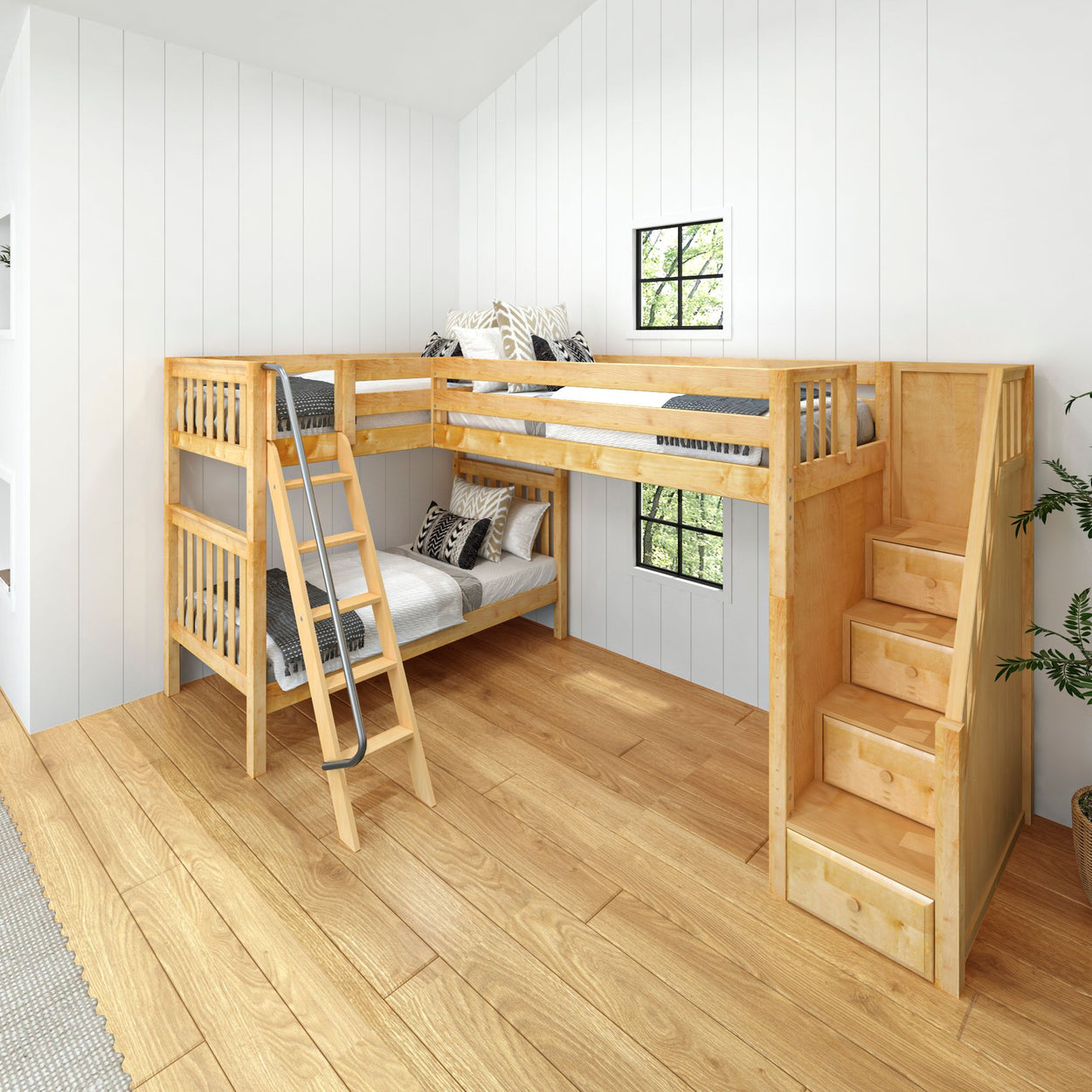 Wooden loft bunk bed with built-in stairs in modern bedroom.