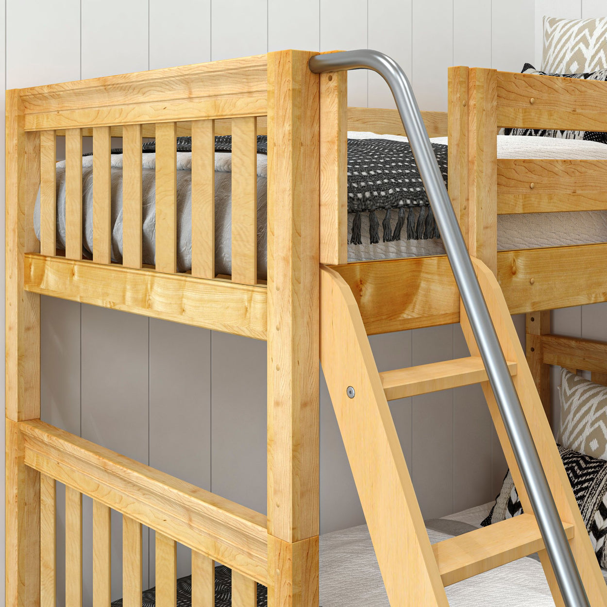 Wooden bunk bed with ladder and cozy bedding in a modern bedroom setting.