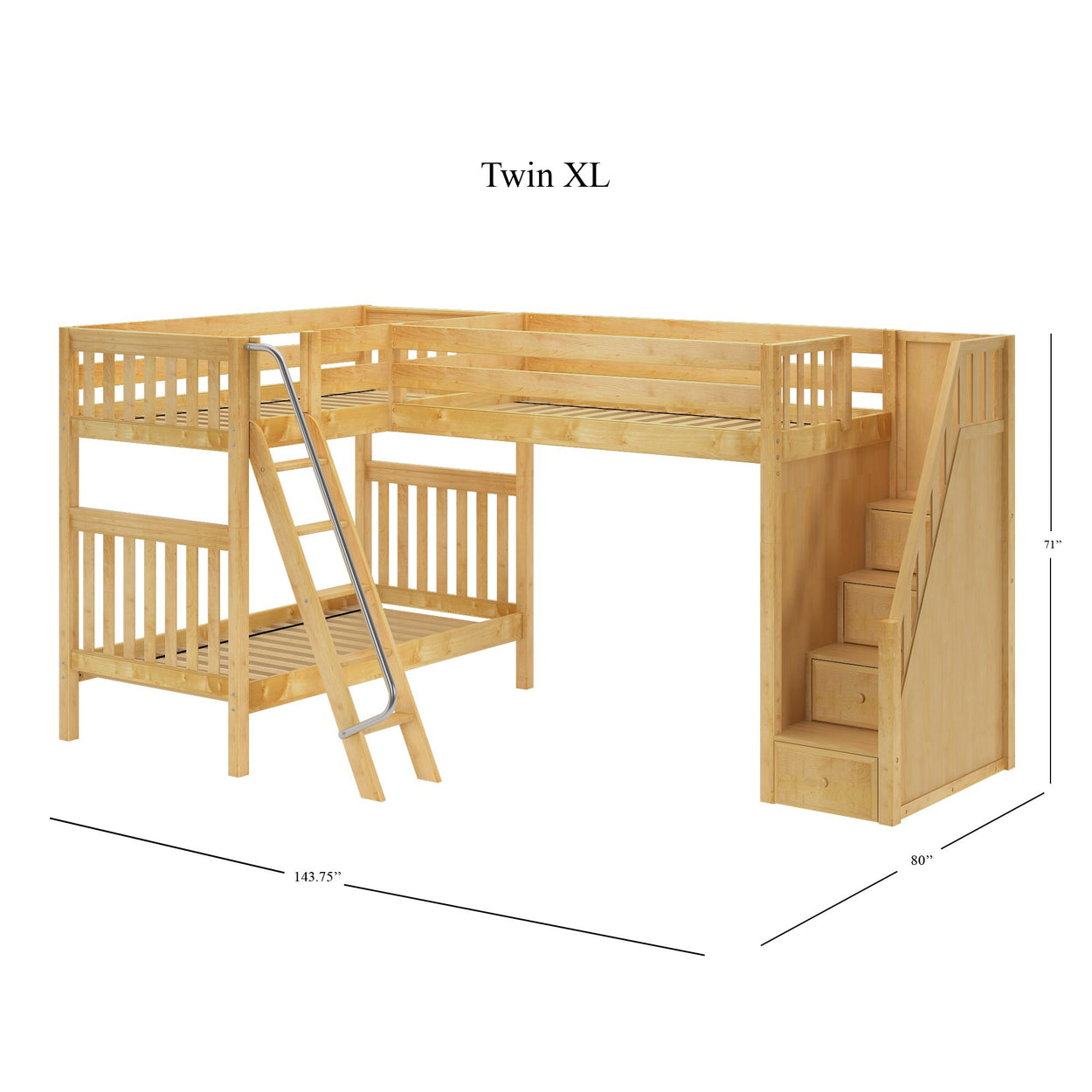Twin XL wooden loft bed with built-in ladder and stairs, ideal space-saving furniture for kids' bedrooms.