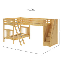 Twin XL wooden loft bed with built-in ladder and stairs, ideal space-saving furniture for kids' bedrooms.