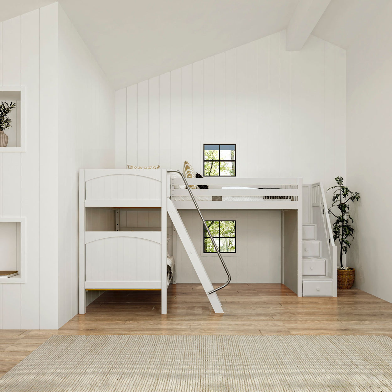 Optimal space-saving kids' bedroom with a modern white loft bed, ladder, and built-in storage, featuring minimalist design and natural light.