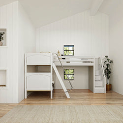Optimal space-saving kids' bedroom with a modern white loft bed, ladder, and built-in storage, featuring minimalist design and natural light.