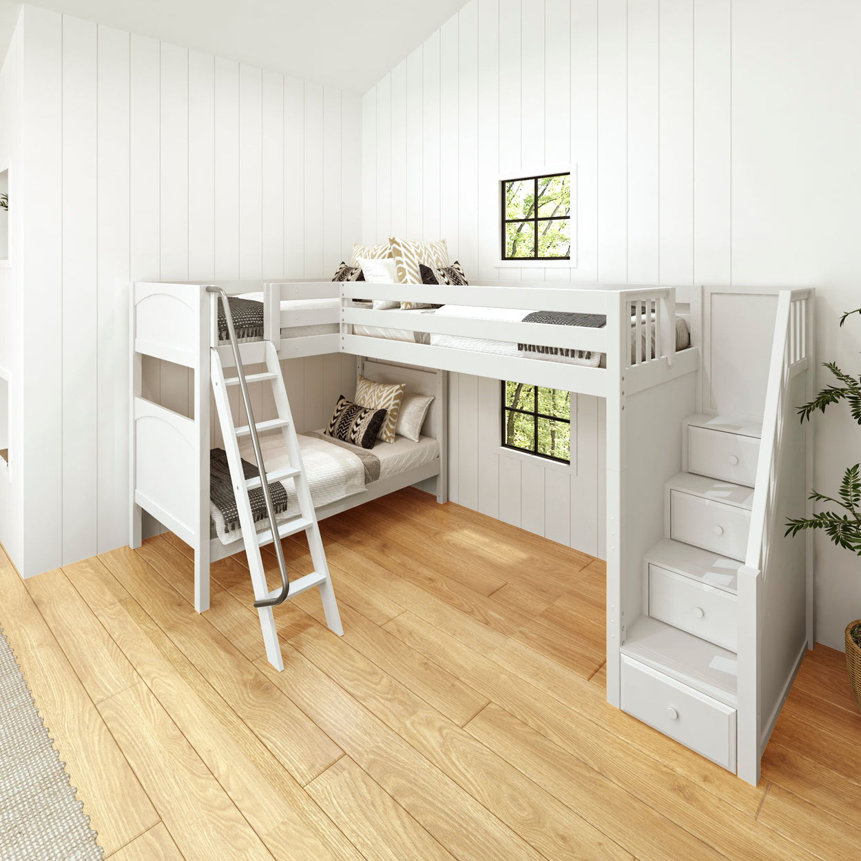 White wooden loft bed with stairs and cozy bedding in a bright modern bedroom.