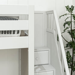 White wooden bunk bed with built-in storage drawers and modern railing adjacent to indoor plant.