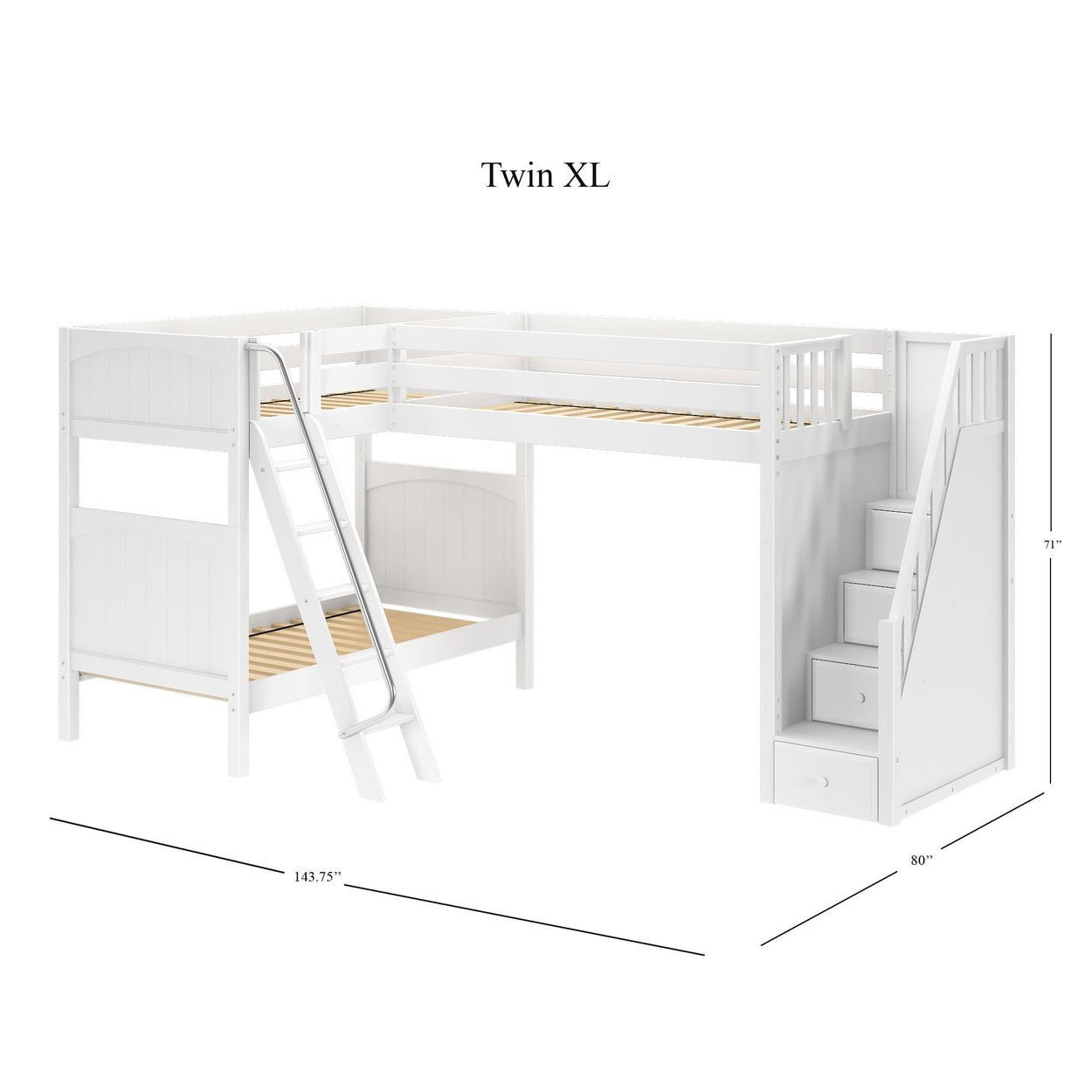 White twin XL loft bed with stairs and ladder, featuring storage drawers, wooden frame, and dimensions of 143.75" x 80" x 71".