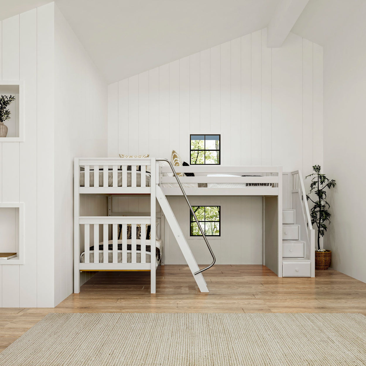 Modern white loft bedroom with bunk beds, staircase storage, and white wood paneling.