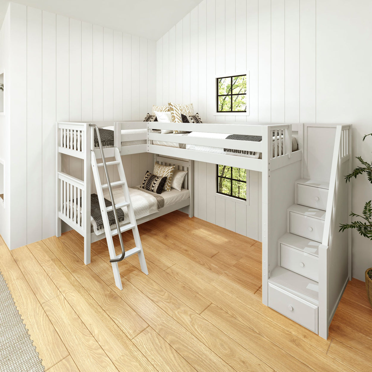 White wooden loft bed with built-in ladder and storage steps in a modern kids' room with hardwood floors.