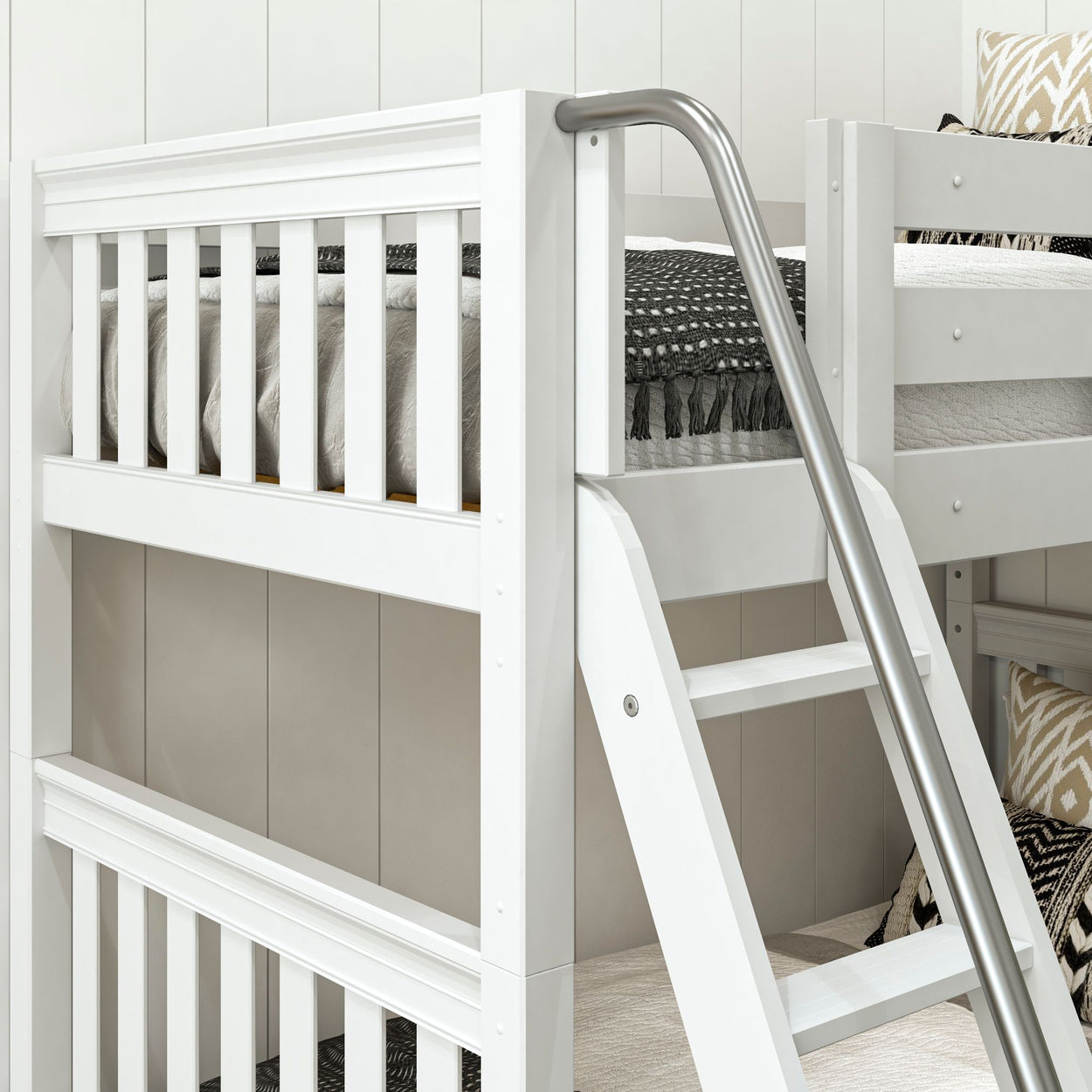 White wooden bunk bed with metal ladder, featuring cozy bedding and a stylish black and white throw blanket, perfect for optimizing kids' bedroom space.