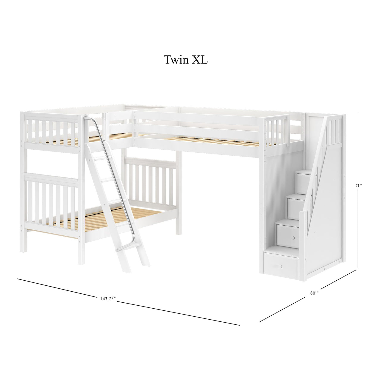 Twin XL white loft bed with stairs and ladder, featuring storage drawers, ideal for optimizing space in small bedrooms.